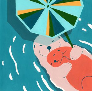 Cuddling Otters Under Umbrella