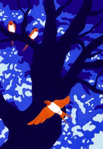 Orange Birds Blue Tree
