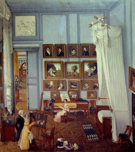Internal view of the residence of the Knight Pradel of Saint Charles A large four-poster bed adorns the room used as a workshop. A child plays and a young woman is in front of a piano. by Julie Pradel