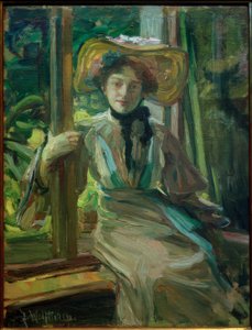 Girl with Hat by an Open Window by Julie Wolfthorn