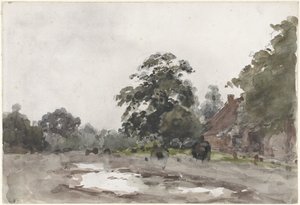 Farmhouse under Tall Trees with Water in the Foreground by Julius Jacobus van de Sande Bakhuyzen