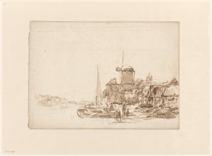 Small Town with Windmill by a Canal by Julius Jacobus van de Sande Bakhuyzen