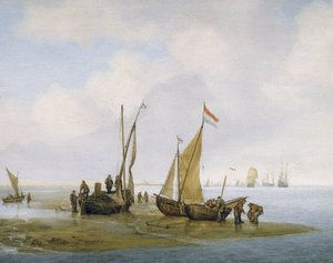 Fishing for mussels, three Dutch fishing boats on the shore, one of which has its sail raised, and groups of fishermen busy maintaining and unloading boats, farther down the beach, two others carry baskets full of mussels by Julius Porcellis