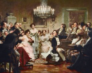 Franz Schubert at the piano during a Schubert Evening in a Vienna salon - engraving after Julius Schmid