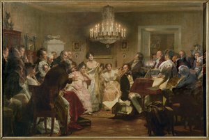 Schubert at the piano during a Schubert Evening in a Vienna salon by Julius Schmid