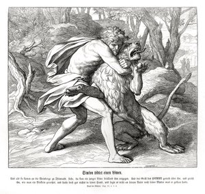 Samson kills a lion, Judges by Julius Schnorr von Carolsfeld