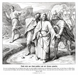 Shimei curses and throws stones at David, 2 Samuel by Julius Schnorr von Carolsfeld