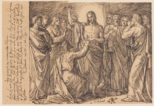 Left: Jesus Appears to the Gathered Disciples. Peace Be with You. Then He Speaks to Thomas: ...? by Julius Schnorr von Carolsfeld