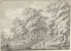 Landscape with Mother and Child with Dog Wading Through a Pool
