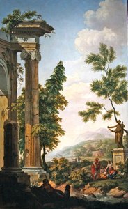 Arcadian landscape with classical ruins and figures by a riverbank