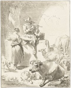 Shepherd Playing the Flute and Shepherdess Spinning by Jurriaan Cootwijck