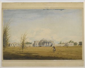 A European house in Madras, a palanquin and carriage at the door, a watercarrier in the foreground