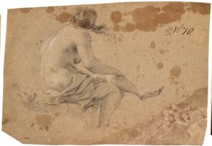 Seated Partially Backward Female Model with Left Leg, Supported by Right Arm, Over Right Knee and with Loose Drapery Wrapped Around Lower Body by KKSgb5537 Ubekendt