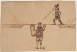 Motif from an East Greenlandic Legend (A Hunter Raises His Harpoon Against a Sea Creature, Tupilak, Half Seal Half Human with a Bear Paw and Bird Claw)