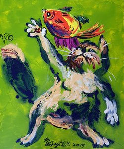 Playful Cat Chasing Fish