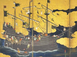 (Detail) The Southern Barbarians Come to Trade, Pair of Six-Panel Screens, Early 17th Century by Kano Naizen