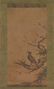 Brown-Eared Bulbul Hiyodori on a Branch of Plum by Kano Shoei
