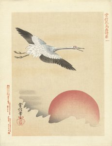 Crane Flying by Red Moon