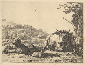 Cow, Adult Sheep, and Young Sheep Lying in the Grass, with a Shepherd