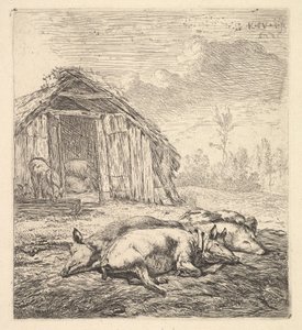 Three Pigs Lying on Their Sides, a Pigsty and Trough Beyond