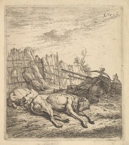 Two Dogs Sleeping on the Ground, a Plough, Farm Equipment, Bunches of Straw