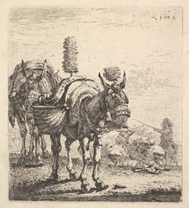 Two Mules Bearing Panniers and Outfitted with Blinders, Plumes, and Tassels