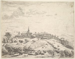 Walled village on a hill, with church at left and buildings constructed on the downslope by Karel Du Jardin