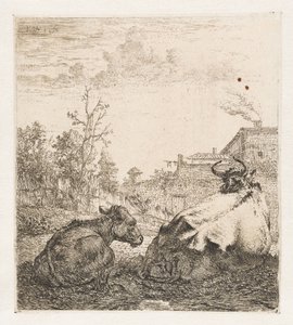 Lying cow with calf (series title: Animals) by Karel du Jardin (signed by artist)