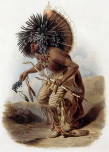 Portrait of Pehriska-Ruhpa, Minatarre warrior in the costume of the dog dance (engraving by Rene Bellet after drawing by Karl Bodmer)