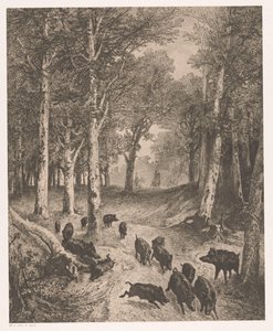 Group of Boars Fleeing from Two Hunters on Horseback by Karl Bodmer
