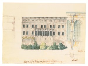 A design for a new stairwell for the North façade of the Schloss at Stettin, with a subsidiary study of the loggia, a cross-section of the façade, and an engaged pilaster, c.1840 by Karl Friedrich Schinkel