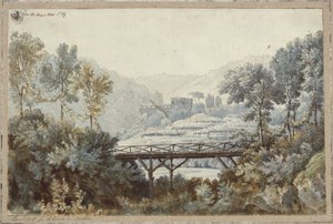 Aline, Queen of Golconda. Opera by Henri-Montan Berton. Design for the 2nd Decoration. Landscape with River and Bridge by Karl Friedrich Schinkel