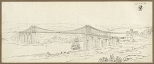 View of the suspension bridge over the Menai Strait near Bangor in Wales by Karl Friedrich Schinkel