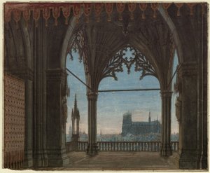 The Maid of Orleans. Tragedy by Friedrich Schiller. Design for the 8th Decoration. Gothic Hall with View of Reims by Karl Friedrich Schinkel