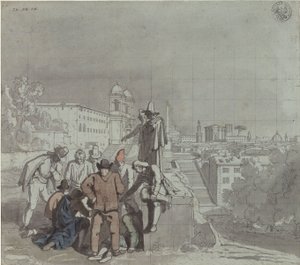 A Group of Players with the Church Santa Trinità dei Monti in Rome in the Background by Karl Friedrich Schinkel