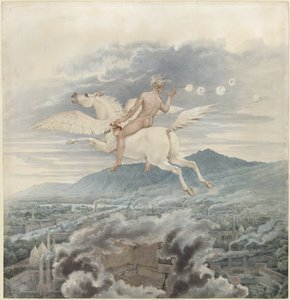 Female Figure Blowing Bubbles, as Allegory of Christian Peter Wilhelm Beuth, Riding Pegasus Over an Industrial City - 1837 by Karl Friedrich Schinkel
