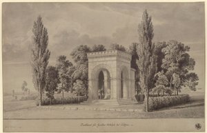 Lützen. Design for a monument to King Gustav II Adolf of Sweden in the form of a Romanesque hall above the Swedish Stone with an attached apse. View by Karl Friedrich Schinkel