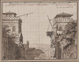 Ratibor and Wanda. Play by Jakob Andreas Konrad Levezow. Design for the 3rd Decoration. Castle with View of Mountains by Karl Friedrich Schinkel
