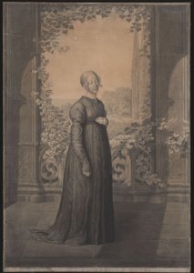 Susanne Schinkel in an Old German Dress in Front of Gothic Architecture, with a Landscape and Gothic Cathedral in the Background by Karl Friedrich Schinkel