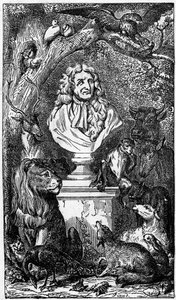 Allegoric bust of Jean de La Fontaine, surrounded by animals; frontispiece of a book of the Fables de la Fontaine