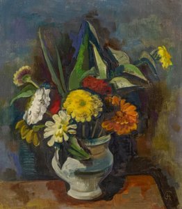 Bouquet in Gray Vase (Zinnias) by Karl Hofer