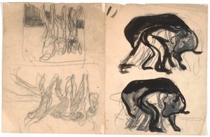 Left: Two Composition Sketches with a Bent Person under a Bear-like Animal. Right: Two Composition Sketches with Several Figures by Karl Isakson