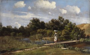 Summer Landscape with a Washerwoman on a Bridge