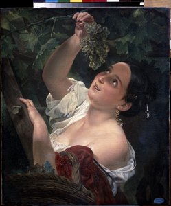 Italian Midday. Young Woman with Bare Shoulder Picking a Bunch of Grapes
