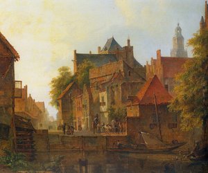 View of a Town with a Blacksmith at Work on a Quay by Kaspar Karsen
