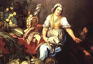 Kitchen Still Life with Fruit, Vegetables and a Girl Holding a Chicken by Kasper or Gaspar van den Hoecke