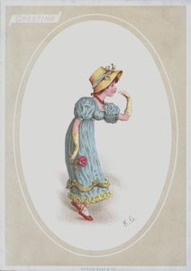 Girl in blue dress, with straw bonnet, holding rose by Kate (after) Greenaway