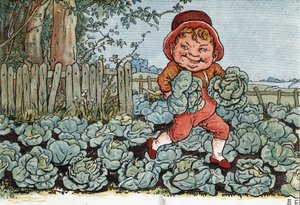 A gnome steals cabbage from a vegetable garden. Illustration by Kate Greenaway (1846-1901) from the book of tales and nursery rhymes for children "Under The Window" (1879), edited by Edmund Evans