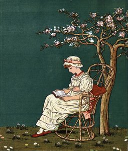 A little girl reading under a lilac. Illustration by Kate Greenaway from the book of tales and nursery rhymes for children Under The Window (1879), edited by Edmund Evans
