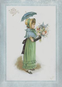Girl in Green Dress, Holding Parasol and a Bouquet of Flowers by Kate Greenaway
